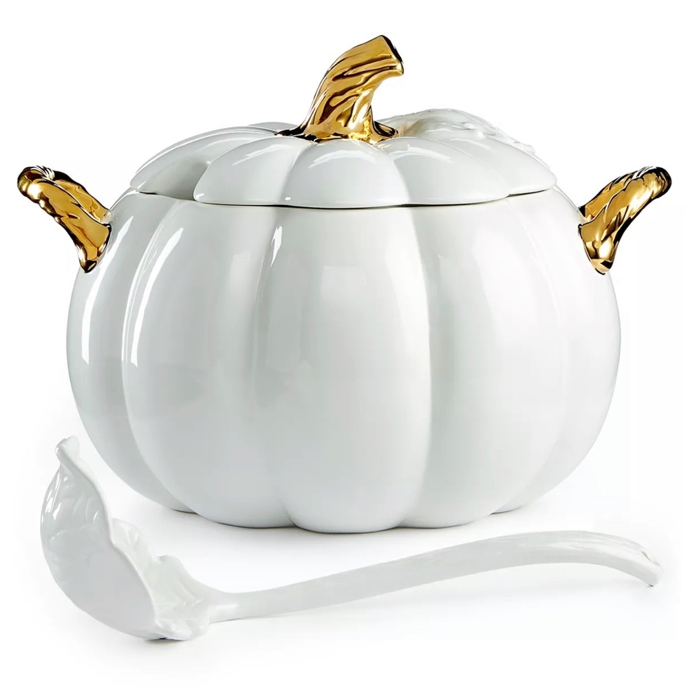 Martha Stewart White and Gold Pumpkin Tureen Set. Thanksgiving.
